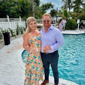 Floral Bloomingdale’s dress. Perfect for an outdoor wedding in FL